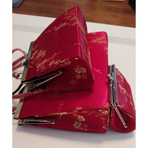 Red Floral Oriental Brocade Clutch Bag Purse Set Women's Coin Bag Gift Set - Picture 1 of 13